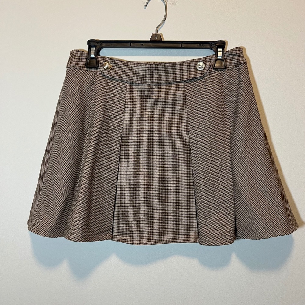HM Houndstooth Pleated Mini Skirt Brown Black Preppy Academic Button Detail S
